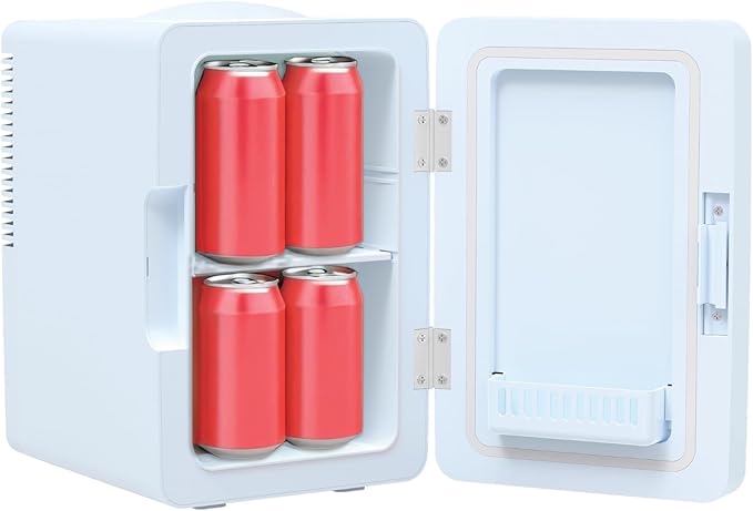 ELLE 6L Mini Cooler Fridge with LED Makeup Mirror for Skincare & Cosmetic Storage Cooler & Warmer Removable Shelf Carrying Handle AC DC Power Options Small Refrigerator for Bedroom Car Office Blue