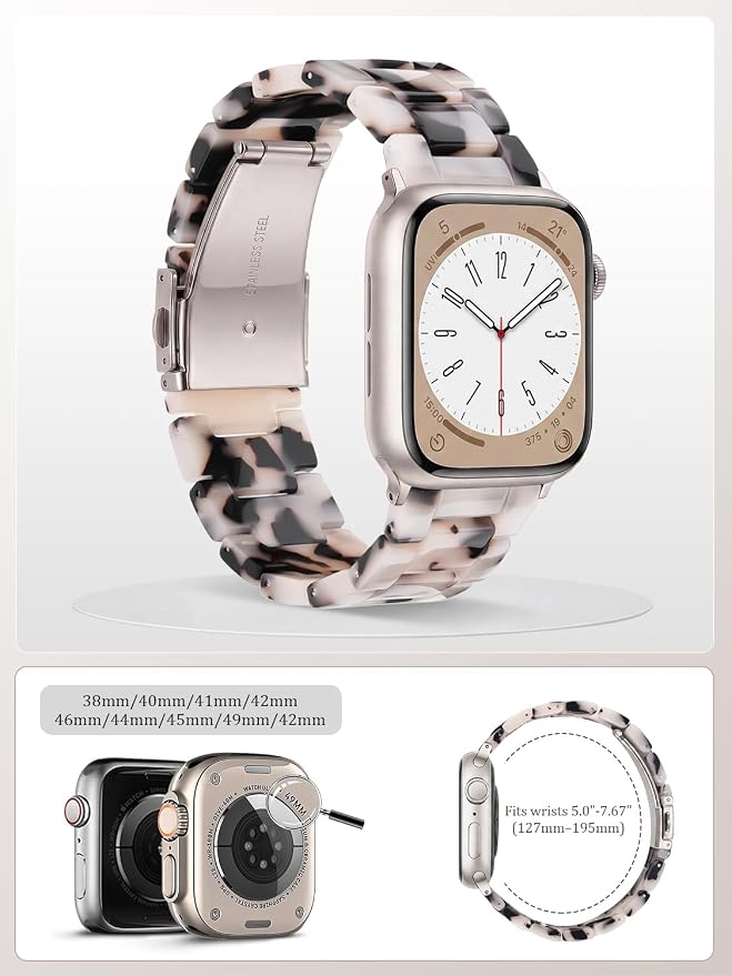 V-MORO Resin Bands Compatible with Apple Watch Series 8/9/10/11 44/45/46/42mm Lightweight Fashion Strap with Starlight Stainless Steel Buckle for iwatch Ultra 49mm Series 7/SE/6/5/4/3/2/1(Tortoise Stone)