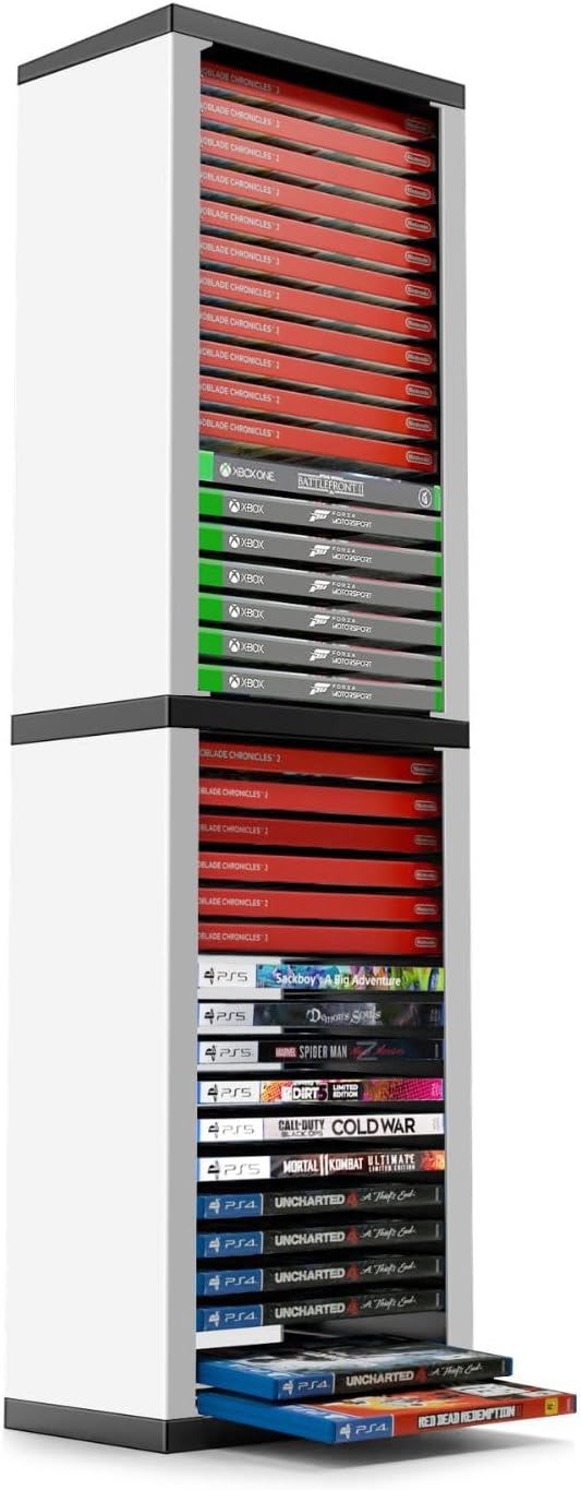 TNP Universal Video Game Storage Tower for PS5, PS4, PS3, Nintendo Switch, Xbox One, Xbox Series S/X - White Video Game Holder Organizer Stand with 36 CD Case Storage for Organizing & Displaying