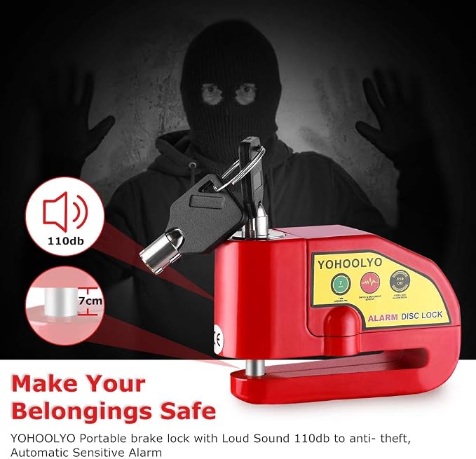 YOHOOLYO Alarm Disc Lock Motorcycle Disc Brake Lock Anti-Theft Waterproof 110 dB 7mm Pin 5ft Reminder Cable for Motorcycles Bike Scooter Carry Pouch (Red)
