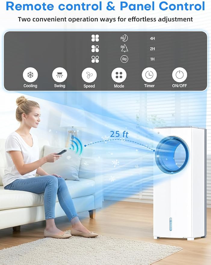 Windowless Air Conditioner, 27" Bladeless Evaporative Air Cooler with 4 Modes & 3 Speeds, Double Tanks, 4 Ice Packs, 25FT Remote,7H Timer, Portable Swamp Cooler Air Conditioner No Window Needed