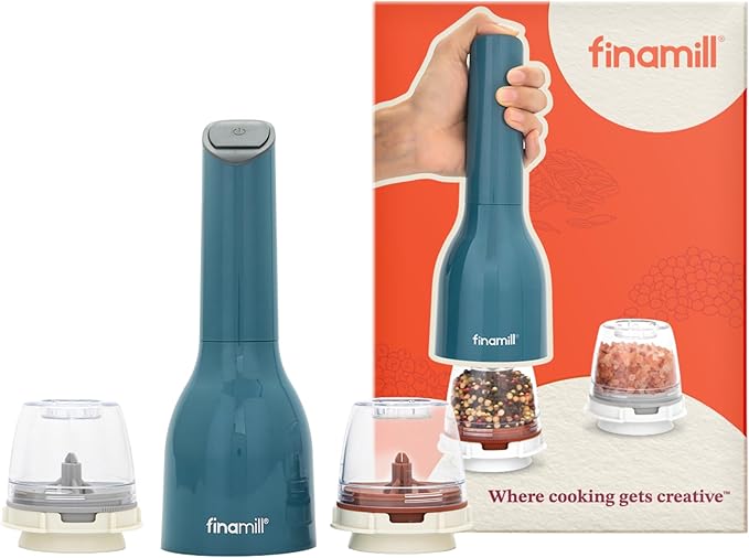 FinaMill Classic Battery Spice Mill – Battery Operated Salt and Pepper Grinder Set, Includes 2 Interchangeable Spice Pods, Adjustable Coarseness, LED Light, Home and Kitchen Gift Set for Father's Day