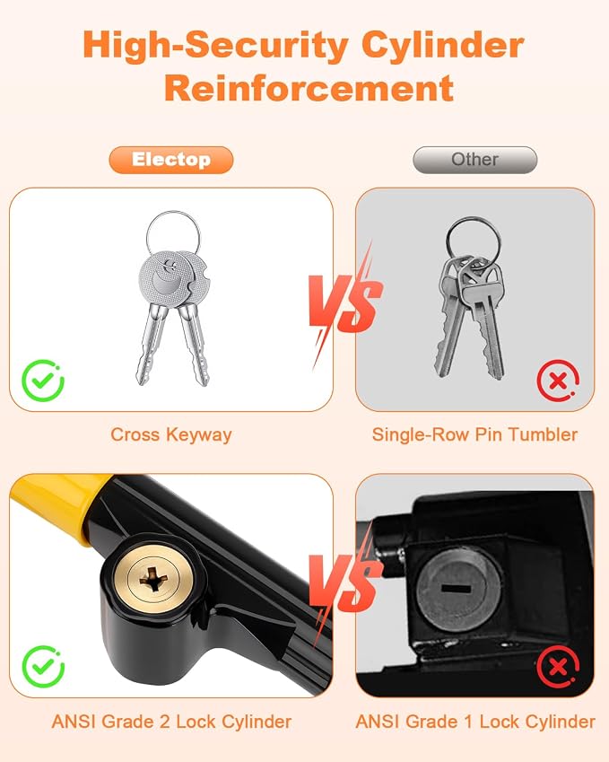 ELECTOP Steering Wheel Lock with Alarm 113db Anti Theft Car Device Double Hooks Car Lock with Adjustable Locking and 2 Key Car Alarm System with Motion Sensor Universal Fit for Vehicle Truck Van SUV