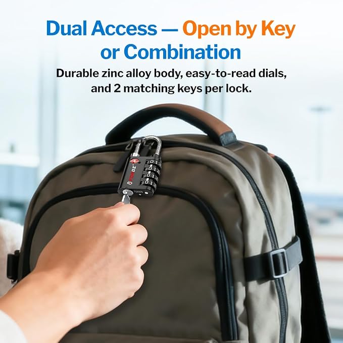 Forge Dual-Opening: Key or Combination Lock, TSA Approved Lock for Luggage, Pelican case, Travel, Gym, School, Luggage Combination Lock, Travel Bag Lock (Black 4 Locks and 2 ID)
