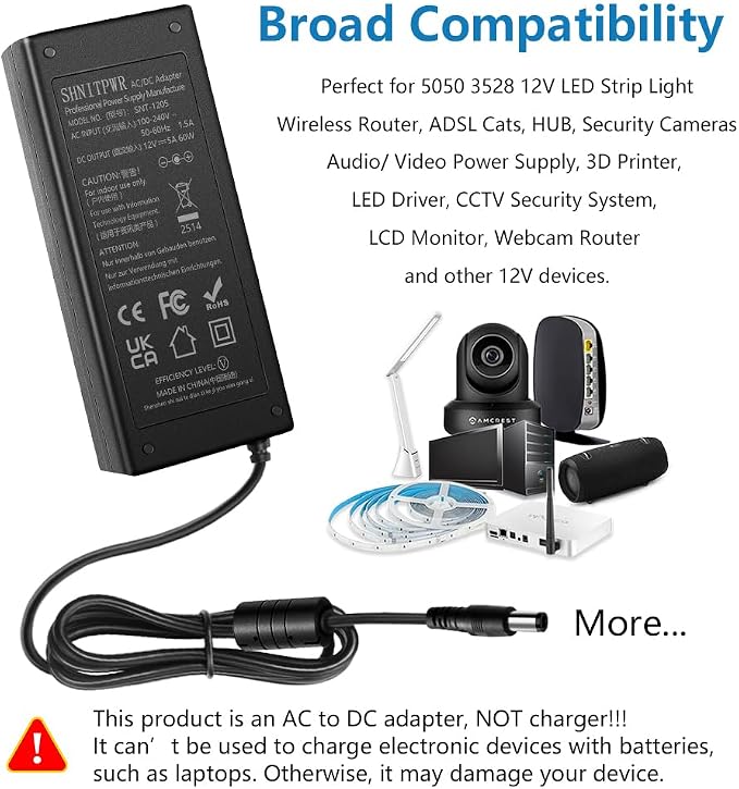 SHNITPWR 12V Power Supply 5A 60W AC to DC Converter Adapter 100~240V to 12 Volt 5 Amp Transformer LED Driver 5.5x2.5mm Plug for 5050 3528 LED Strip Light 3D Printer CCTV Camera LCD Monitor, Pack of 2