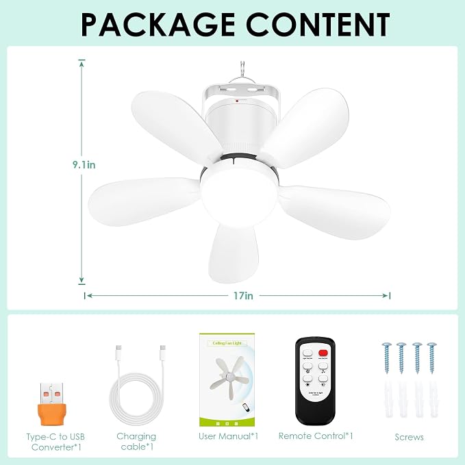Battery Operated Ceiling Fan Light, Portable Ceiling Fan with Remote, Wireless Rechargeable Gazebo Fan Light for Outdoor, for Tent Porch Patio Camping Canopy Chicken Coop Outside