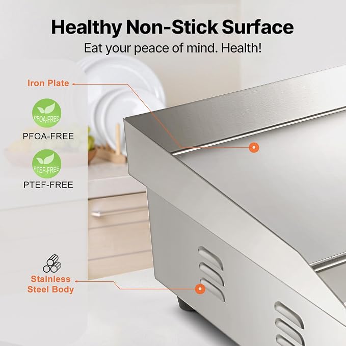 VEVOR Commercial Electric Griddle, 22", 1600W Countertop Flat Top Griddle, Stainless Steel Teppanyaki Grill w/Iron Cooking Plate, 122-572℉ Adjustable Temp Control 2 Shovels & Brushes, 110V