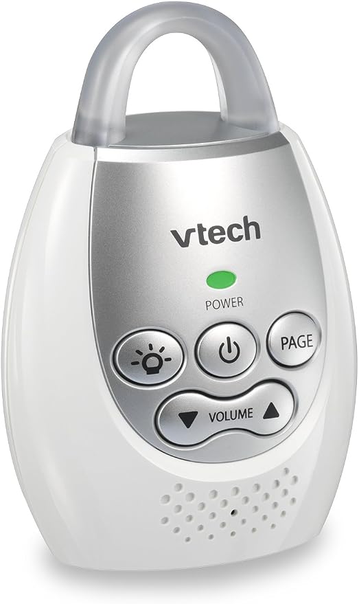 VTech Communications DM221 Audio Baby Monitor with up to 1,000 ft of Range, Vibrating Sound-Alert, Talk Back Intercom & Night Light Loop, White/Silver