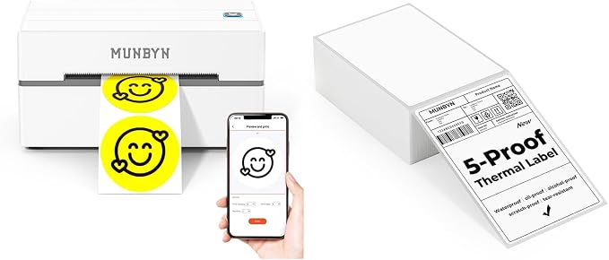 MUNBYN 130B Bluetooth Thermal Label Printer+4"x6" Direct Thermal Labels