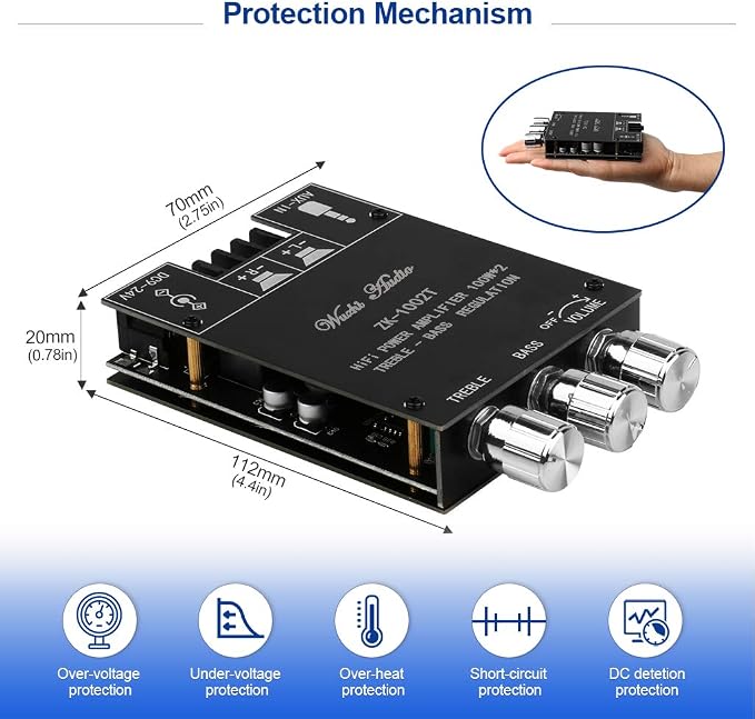 ZK-1002T Bluetooth Amplifier Board 2.0CH 100W*2 Mini Audio AMP with Treble and Bass Control, BT and AUX Inputs, DC 9-24V Stereo AMP Module for Home Speakers, Update Version APP Control