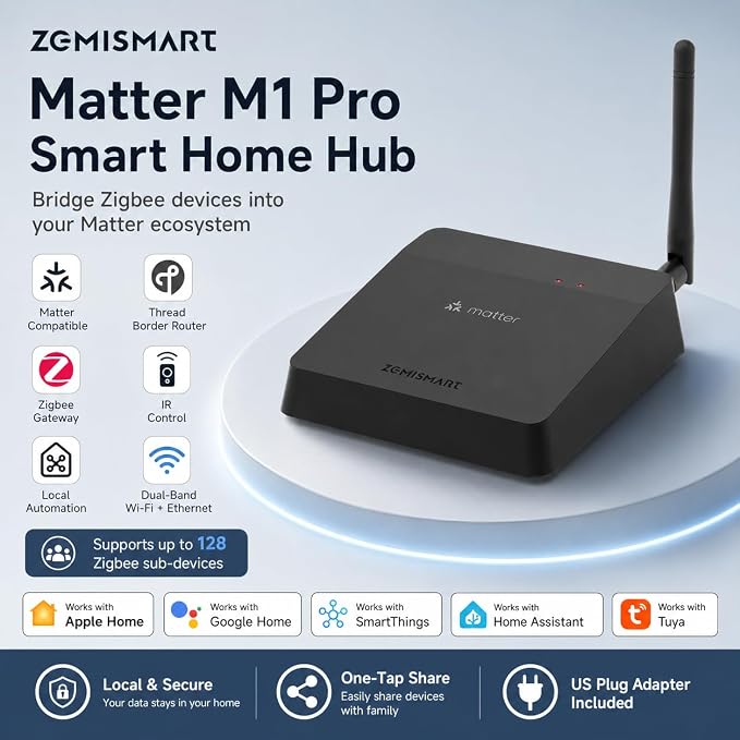 Matter Smart Home Hub M1 Pro - Matter Controller, Thread Border Router, Tuya Zigbee & Smart IR Hub, Compatible with Apple Home/Google/SmartThings/Home Assistant