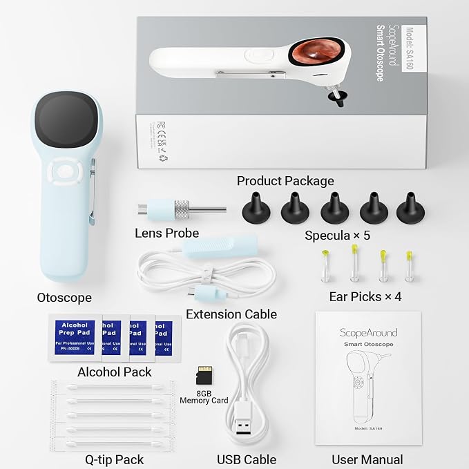 ScopeAround Digital Otoscope w/IPS Screen, 720p HD Smart Video Otoscope with Light, Ear Scope Otoscope with Camera Ear Wax Removal Camera, Ear Checker, Power On and Go (Blue)