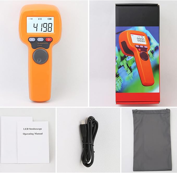 Digital LED Stroboscope Measuring 60-49999 RPM/Hz, Non-Contact Tachometer with 0.001% Accurate Estroboscopio Non-Contact Motor Engine Speed Analyzer for HVAC Motor Engine Speed Tester