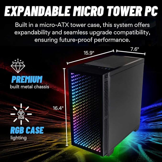 Continuum Micro 26L mATX Infinity Mirror Gaming PC Tower Case w/ 6 Pre-Installed ARGB PWM Fans, Dual Mode Control (Mobo + Remote), ATX PSU Ready, 347mm GPU Space with 500W PSU Included.