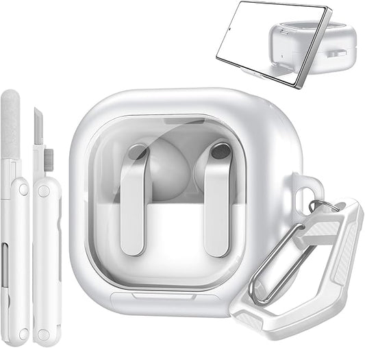 TiMOVO Clear Case for Galaxy Buds 4 & Galaxy Buds 4 Pro (2026) with Secure Lock, TPU Hard Shell Transparent Cover for Samsung Buds 4 Pro with Phone Stand Function, Cleaning Kit & Keychain, White