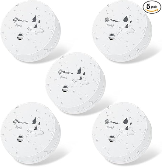 Geevon 5 Pack Water Leak Detectors, 100dB Water Sensor Alarms Flood Detector for Basements, Bathrooms, Laundry Rooms, Kitchens, Garages, and Attics, Water Alarms Battery-Operated (Battery Included)