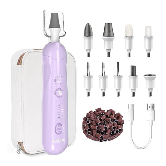 Manicure Pedicure Kit with Case, Professional Nail Grinder for Senior Thick Toenail, Cordless Electric Nail File, 5 Speeds Pedicure Tools for feet Callus Remover (Purple)