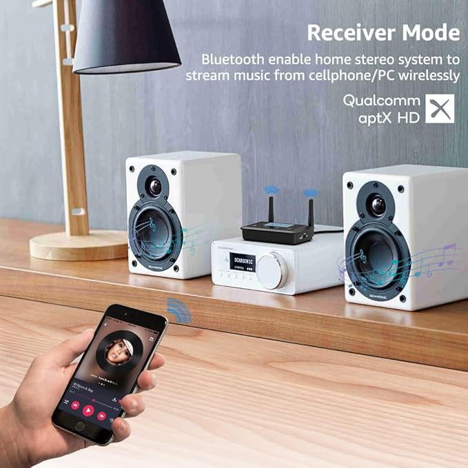 1Mii B03+ Bluetooth 5.3 Transmitter Receiver for TV Home Stereo, aptX Low Latency & HD & Adaptive, Dual Link, Wireless Audio Adapter with Screen, Optical, RCA or AUX 3.5mm Port, Soundbar Passthrough