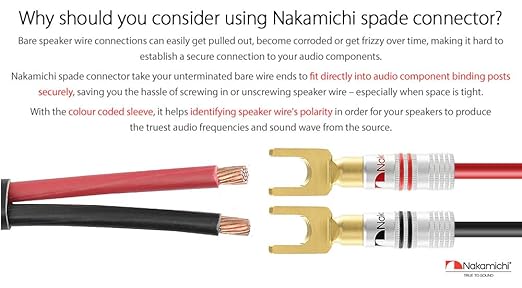 Nakamichi Excel Series 24k Gold Plated Spade Y Banana Plug 12-18 AWG Gauge Size 4mm for Speakers Amplifier Hi-Fi AV Stereo Home Theatre Audio Wire Cable Screw Connector, 2 Pcs (1-Pair)