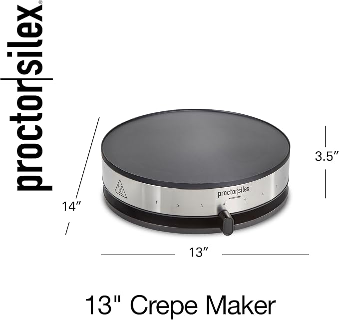 Proctor Silex Electric Crepe Maker with 13” PFAS-Free Nonstick Griddle for Eggs, Pancakes, Omelets and Quesadillas, with Temperature Control, Spatula, Spreader, Batter Cup, Stainless Steel (38400MN)