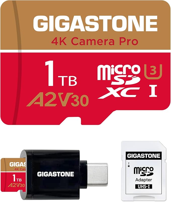 [5-Yrs Free Data Recovery] Gigastone 1TB Micro SD Card, 4K Camera Pro, R/W up to 150/130MB/s, for GoPro, DJI, Drone, 4K UHD Video Recording, MicroSDXC UHS-I U3 A2 V30, with Adapter & USB-C Card Reader