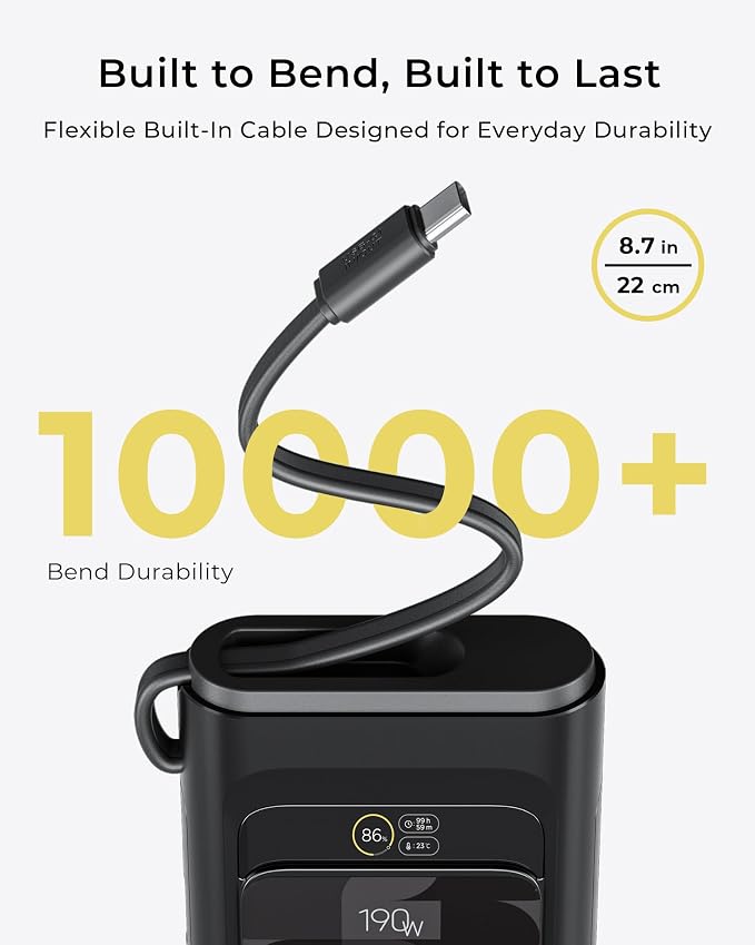 2026 FIFA Licensed 190W 20000mAh Power Bank for Laptop Portable Charger,3-Port USB-C Fast Charging Battery Pack with Built-in USB-C Cables for MacBook,Cell Phones,iPhone,Android,Samsung,Black