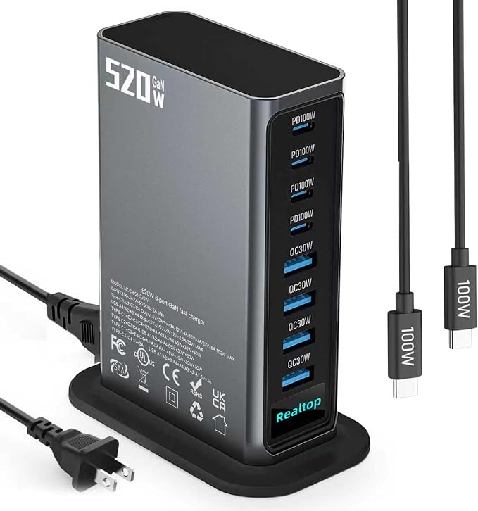 520W USB C Charging Station, 8-Port GaN Fast Type C Charger Block, Wall Charger, Multiport Desktop Power Hub for MacBook Pro, MacBook Air, iPhone 16/15, iPad, Samsung