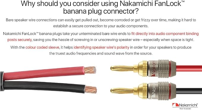 Nakamichi FanLock Excel Series 24k Gold Plated Banana Plugs 10 AWG - 18 AWG Gauge Size 4mm for Speakers Amplifier Hi-Fi Stereo Home Theatre Radio Audio Wire Cable Quick Connector 2 Pcs (1-Pair)