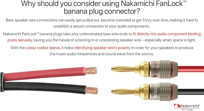 Nakamichi FanLock Excel Series 24k Gold Plated Banana Plugs 10 AWG - 18 AWG Gauge Size 4mm for Speakers Amplifier Hi-Fi Stereo Home Theatre Radio Audio Wire Cable Quick Connector, 16 Pcs (8-Pairs)