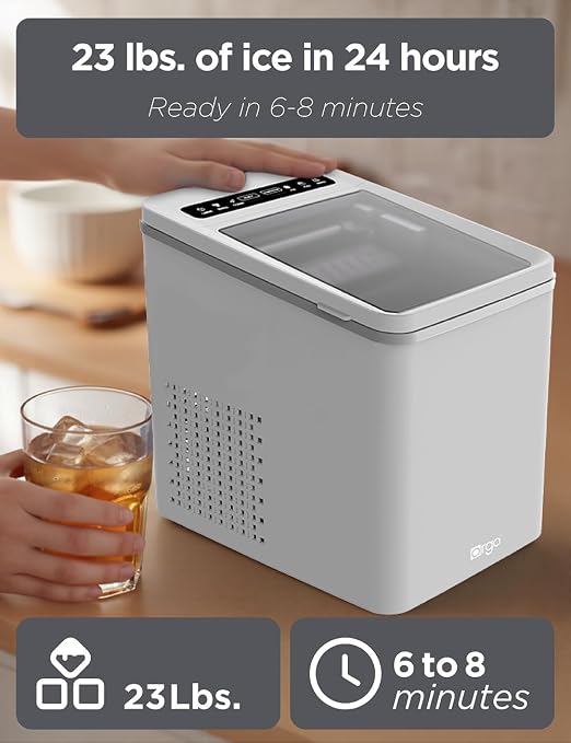 Orgo The Maverick Countertop Ice Maker, Makes 23 lbs. in 24 Hours, Bullet Shaped in 2 Sizes, Ice Maker Ready in 6-8 Minutes, LED Control Panel, Self-Cleaning, Includes Scoop, TMT3653, Gray