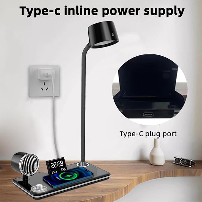 15W Wireless Charging Desk Lamp, Bluetooth 5.0 Speaker, Digital Alarm Clock, Touch Control, 3 Color Lighting & Dimmable, Flexible Gooseneck for Office & Bedside, HYT1772 Black.