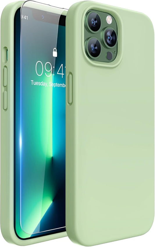 Miracase Designed for iPhone 13 Pro Max Case with Screen Protector,[Soft Anti-Scratch Microfiber Lining],Shockproof Liquid Silicone Rubber Phone Case Cover 6.7 inch, Matcha Green