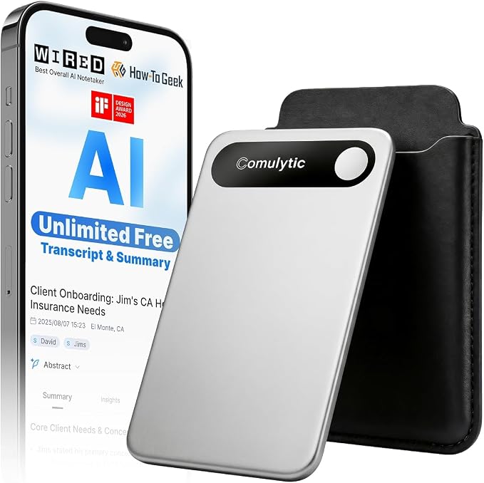 Comulytic Note Pro AI Voice Recorder, AI Note Taker w/Unlimited Transcribe & Summarize, App Control Digital Video Recorder, Support 113 Languages & Ultra-Slim for Meeting, Call, Lecture, Grey
