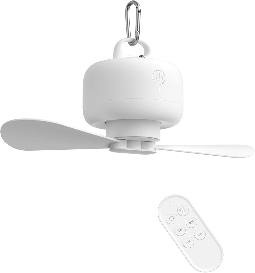 JISULIFE Camping Fan 8000mAh Battery Operated, Portable Tent Rechargeable with Remote Control, Detachable Fan-Blades, Hanging Hook, Timer, 4 Speeds for Outdoor Dorm-White
