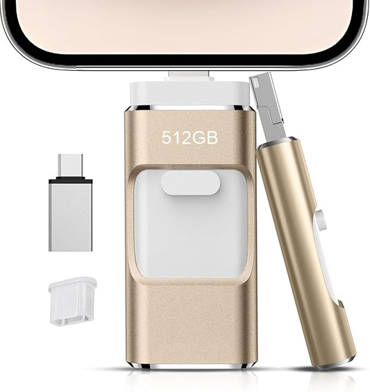 512GB Flash Drive[No App Required] Intended for Phone Tablet Androidphone and Computers, 4 in 1 Photo Stick for Phone Memory Storage Easily Backup Photos Videos（Gold）