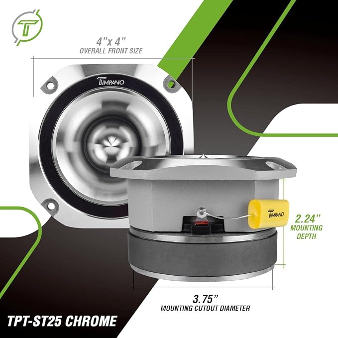 Timpano Super Tweeter 4 Inch TPT-ST25 Chrome, 8 Ohm, 900 Watts Max, 107 dB, 1.5 in Voice Coil, HIgh Sensitivity, Slim Profile Bullet Tweeters Speakers for Pro Audio (Pair)