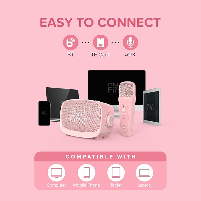 myFirst Voice 2 Kids Bluetooth Karaoke Speaker with 2 Mics | Portable Singing Machine for Children | 5 Voice Changing Effects & Wireless Mic (Pink)