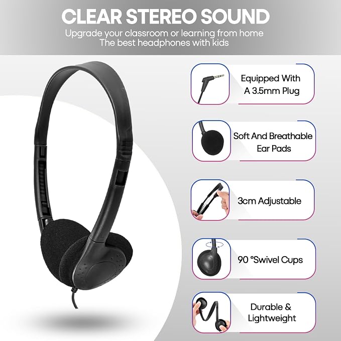 Classroom Headphones Bulk 50 Pack Class Set for School Students Kids and Adult -Sturdy Wired 3.5mm Plug (Black, 50 Pack)
