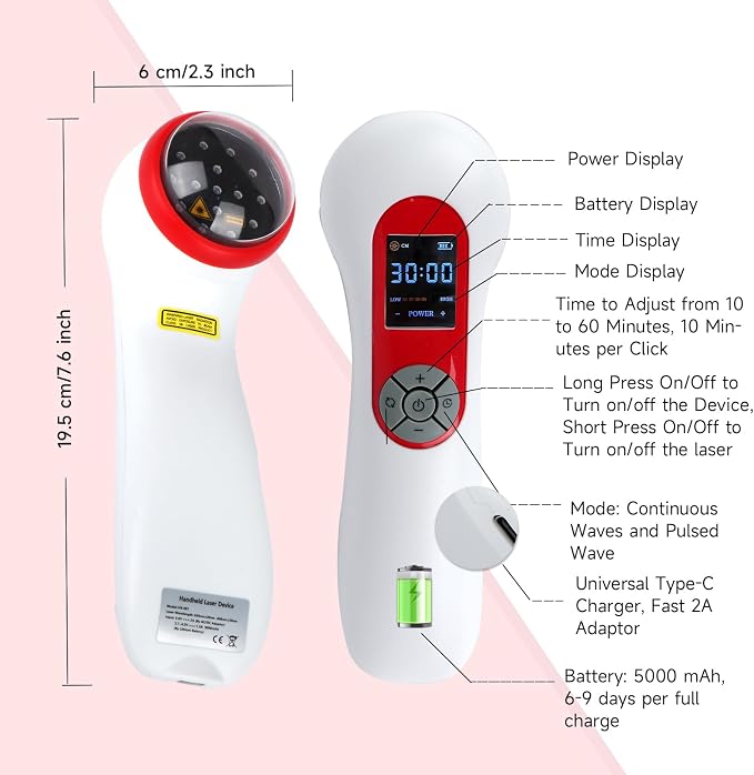 5000mAh Infra Red Light Cold Laser Therapy Device for Dog Pain Relief Low Level Infrared Laser Therapy Machine Pet 808 650nm Professional Vet LLLT Horse Portable Healing Treatment Home Muscle Relax