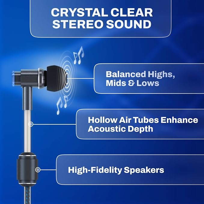 DefenderShield Air Tube Stereo Earbuds USB-C with Memory Foam Ear Tips - Universal Acoustic Wired Headphones with Mic & Volume Control