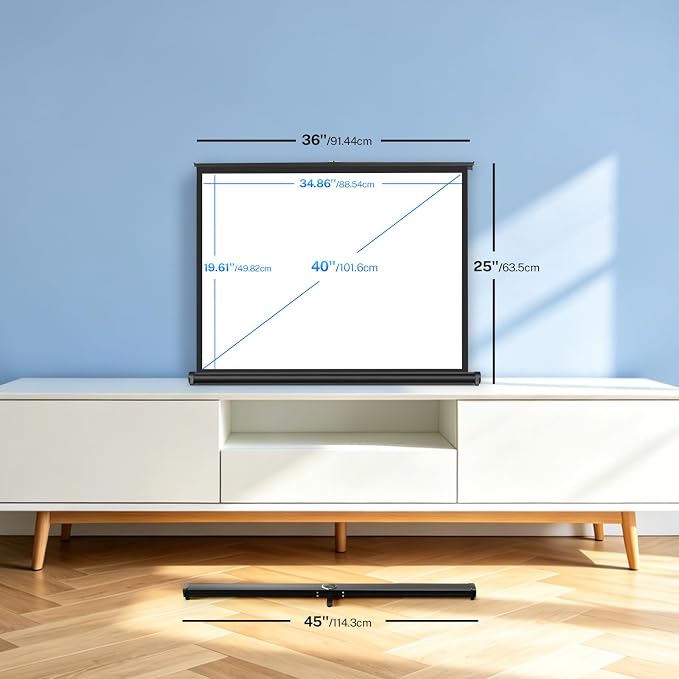 40 inch Small Projector Screen, Goldengrainv Retractable Pull Up Screen, Floor Projector Screen, 16:9 4K Portable Screen for Projector, Roll Down Movie Screen for Gaming Indoor, Mini White Screen
