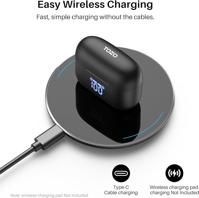 TOZO T20 Wireless Earbuds, Bluetooth 5.3 Headphones with 97H Playtime, IPX8 Waterproof, Dual Mic ENC Call Noise Cancelling, Deep Bass Sound, LED Display, Wireless Charging Case
