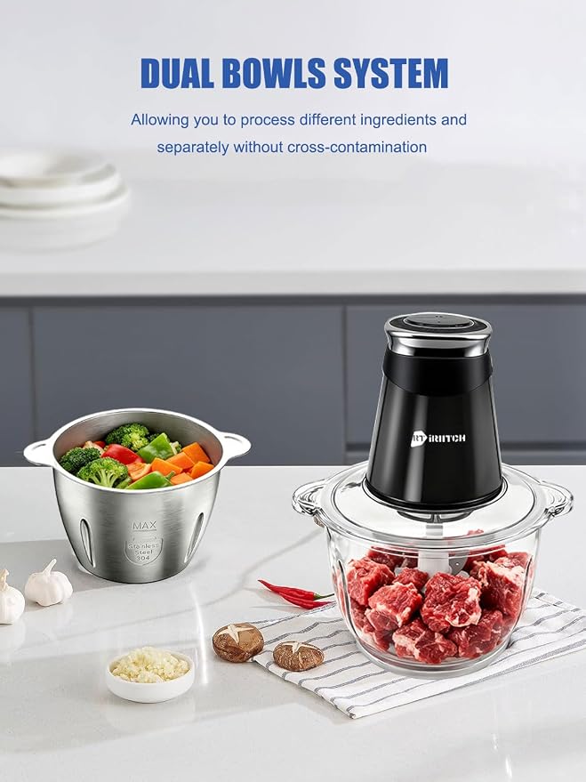 Food Processor, 500W Electric Food Chopper with 2 Bowls (10 Cup+5 Cup) & 2 Bi-Level Blades&, Small Meat Electric Grinder Processor for Meat, Vegetable, Onion, Garlic, Nuts, and Baby Food
