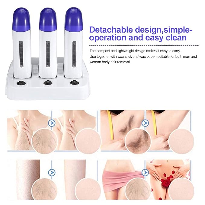 Portable Triple Depilatory Roll on Wax Warmer with Heater Base for Women Men Hair leg,Armpit,Bikini