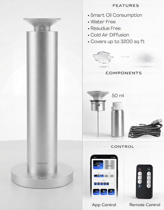 Waterless Essential Oil Diffuser with Smart App | Nebulizer, Aroma Diffuser, Fragrance, Scent Air Machine, 50 ml, Remote, Cold Air Diffuser, Aromatherapy for Home Scenting, Portable