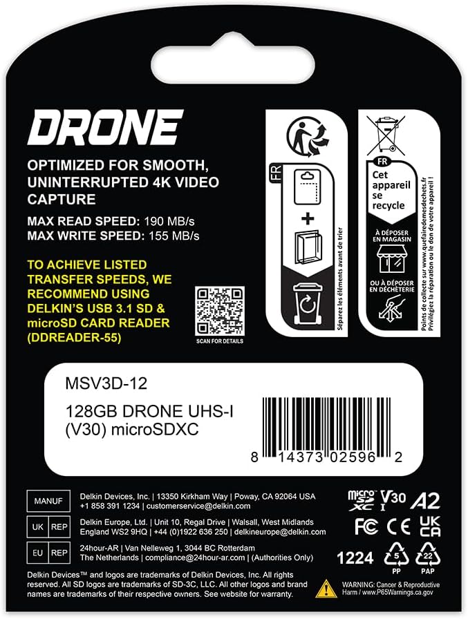 Delkin Devices Drone 128GB microSD Card UHS-I U3 V30 A2 – 190MB/s Read, 155MB/s Write – Designed for Drones, 4K UHD Video, DJI Compatible, microSDXC with Adapter (128GB)