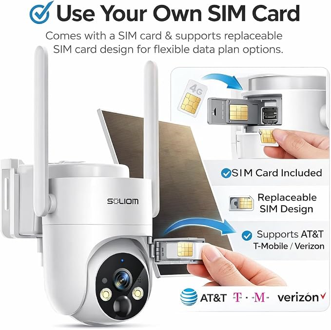 SOLIOM 4G LTE Cellular Security Camera, No WiFi Security Camera for Remote Areas, Solar Powered Wireless Outdoor Camera, 2K Color Night Vision, 360° Pan & Tilt, PIR Motion Detection, Off-Grid S90
