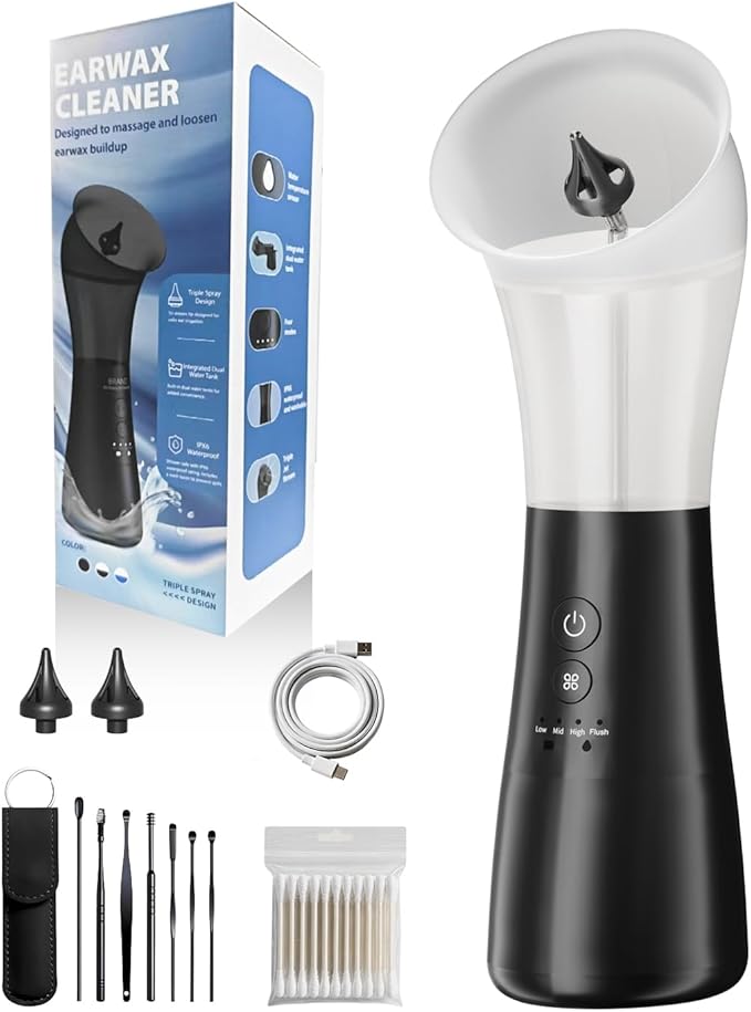 Electric Ear Wax Removal Kit with Integrated Waste Tank, Safe Water Ear Cleaner with Temperature Sensor, 4 Pressure Modes for Varying Earwax Levels – Effective Smart Ear Cleaning for Family Use