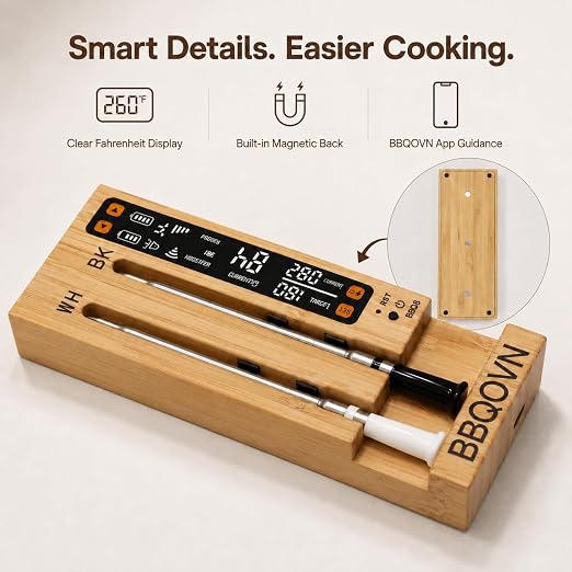 BBQOVN WiFi Sub-1G Wireless Meat Thermometer Unlimited Range 7 NIST Certified Sensors with Ambient Temp 2 Temp Monitoring Ways Digital Smart Base and App for BBQ, Smoker, Grill, Oven (Dual Probes)