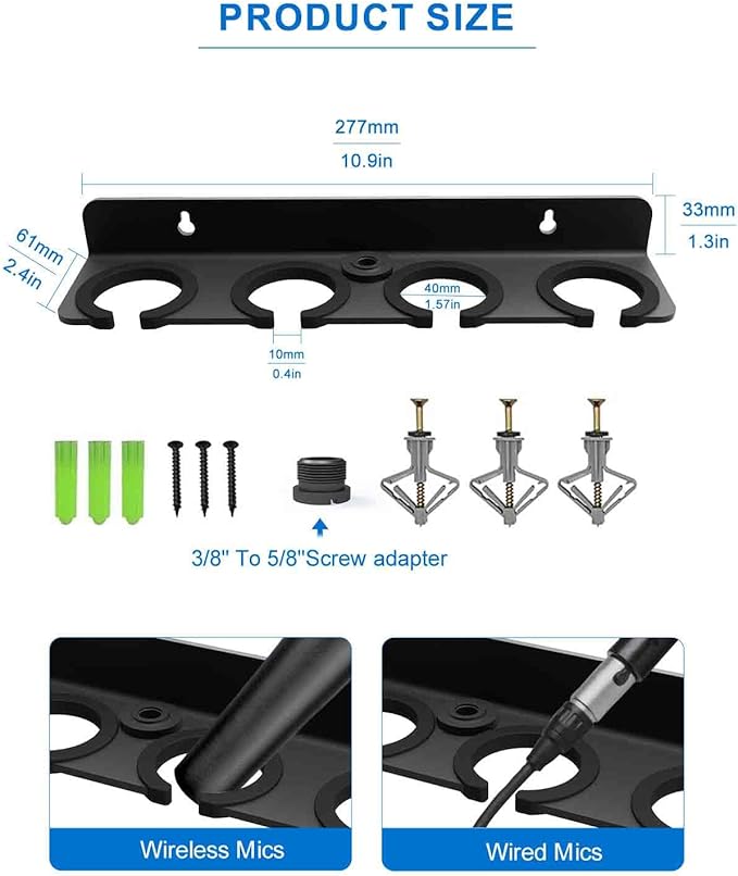 Multi Microphone Holder for Wired and Wireless Mics, Hold Up to 4 Mics, Multiple Mic Organizer Storage for Mic Stand, Rubber Padding/Wall Mounted or Mounted to 5/8"-27 or 3/8"-16 threaded Stands